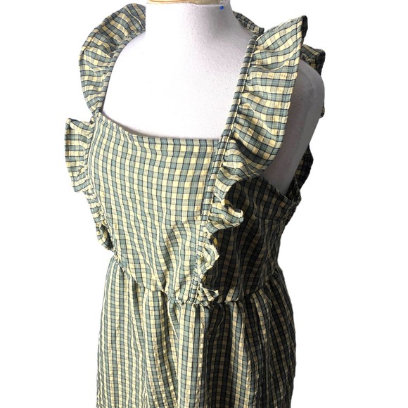 Green Yellow Gingham Ruffle Mini Dress M – Square Neck, Smocked Back Cottagecore - Picture 4 of 6